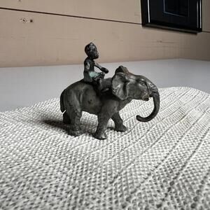 Handmade Bronze Elephant With Rider Figurine Small Patina Statue Decor Art